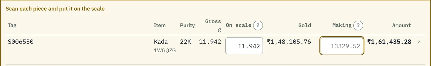 The real GOLAK bill screen: tag S006530, a 22K kada of 11.942 g, weighed on the scale, gold at today's rate, making, and the amount ₹1,61,435.28